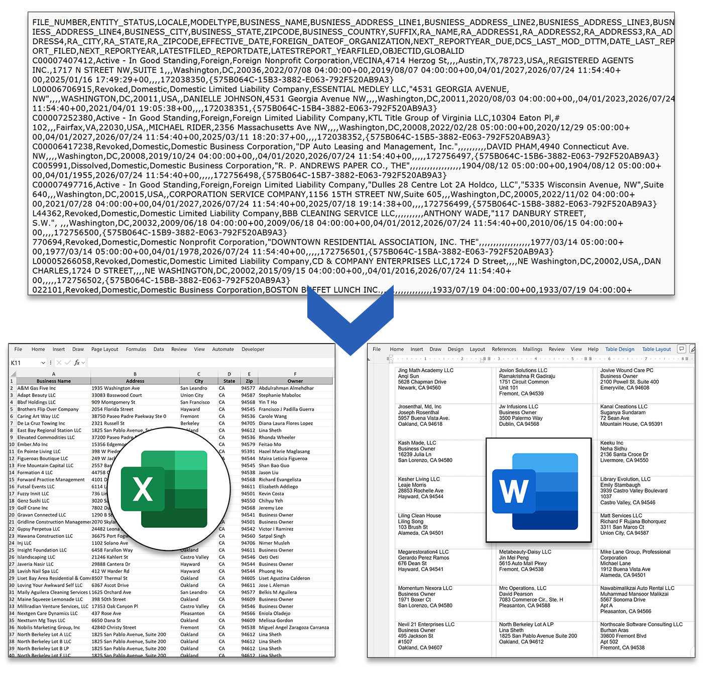 Raw public records transformed into a cleaned spreadsheet and mailing labels